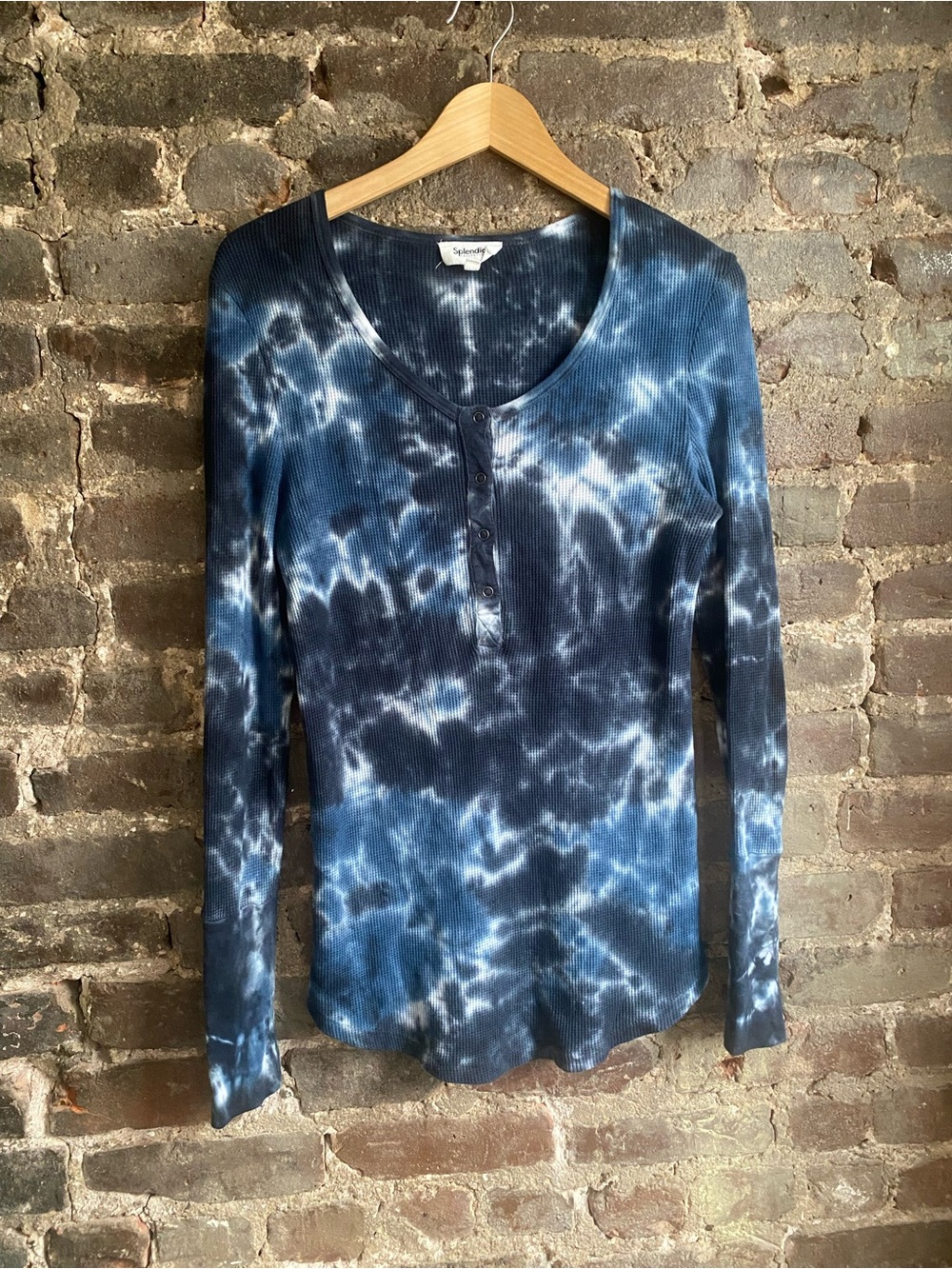 Splendid Navy and White Tie-Dye Ribbed Henley Long Sleeve Top